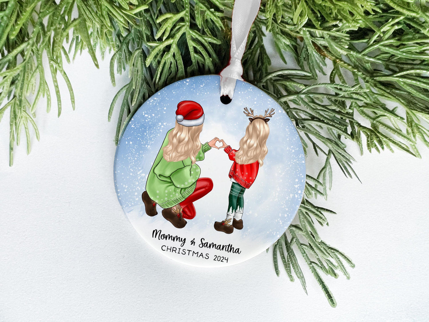Custom Mother & Young Daughter Ornament – Heart Hands, Cozy Sweaters & Reindeer Slippers