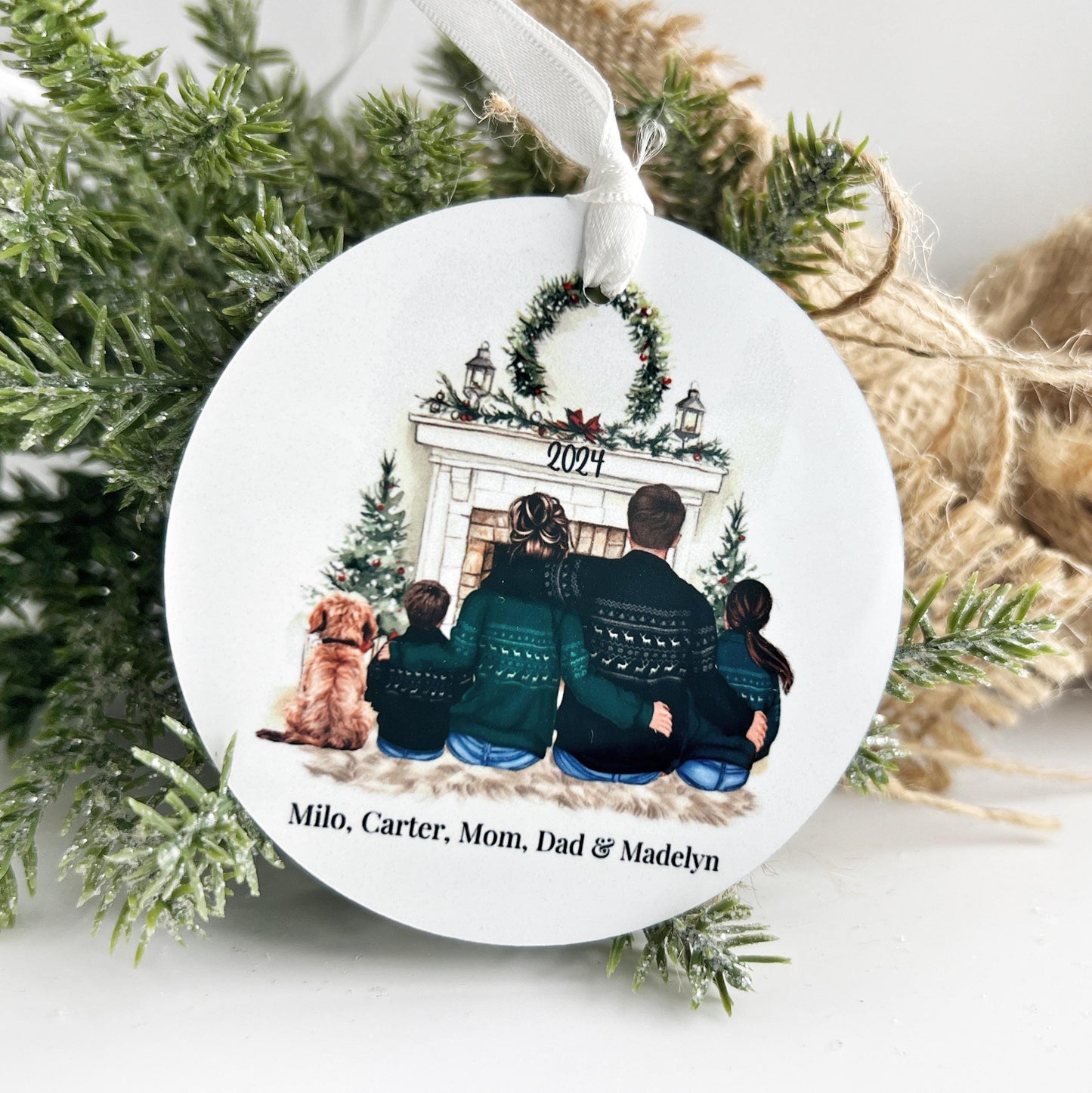 Family with Pets Christmas Ornament – Personalized Gift for Families with Two Kids & Dog