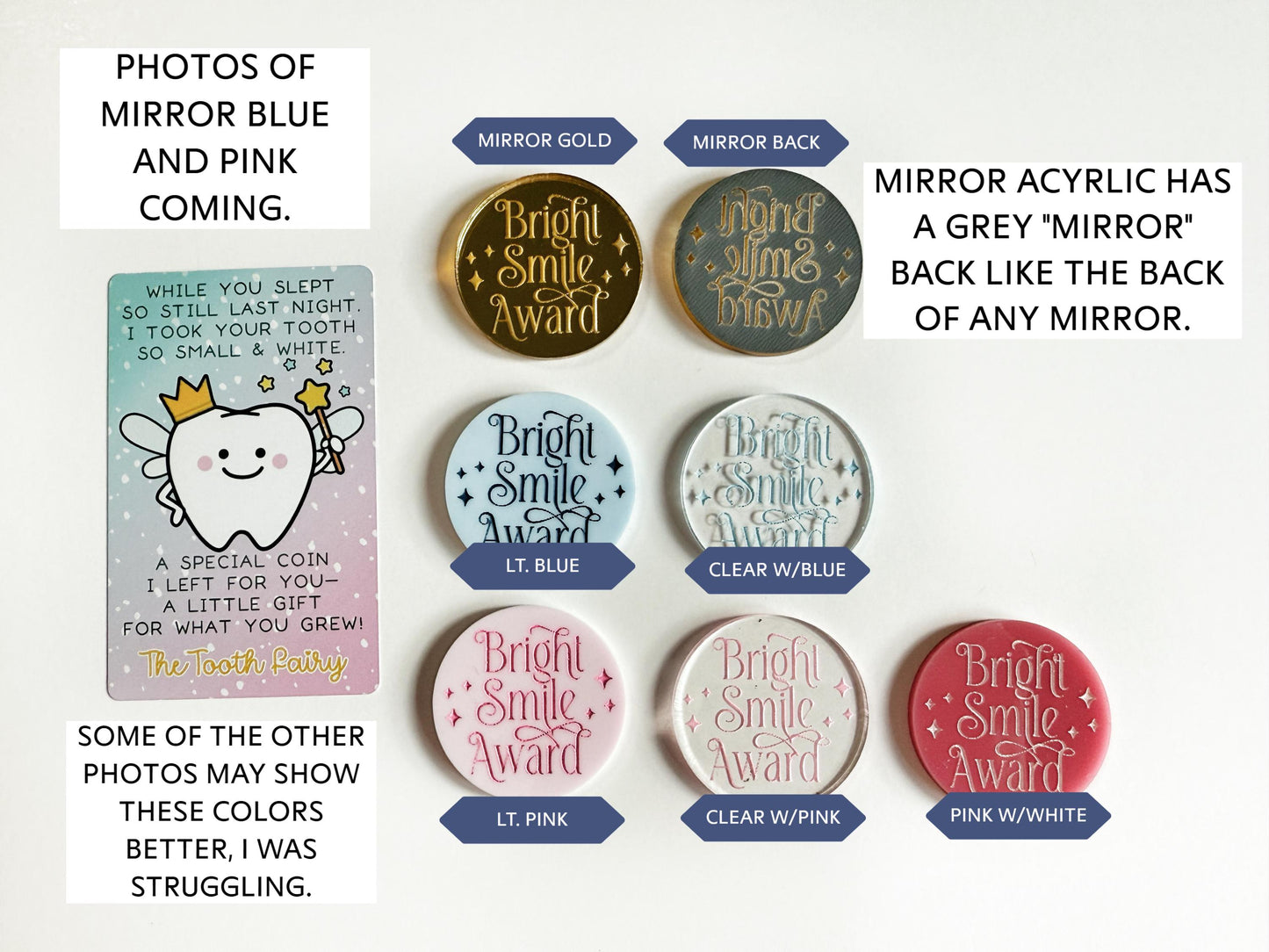 a set of six badges with the words mirror blue, mirror pink, mirror wink