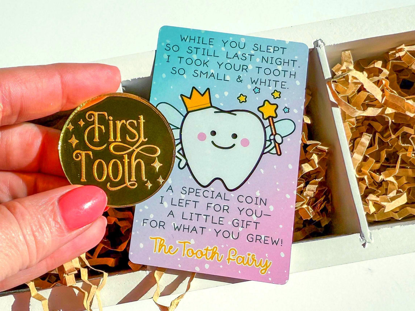 Tooth Fairy Coin & Poem Card – Customizable First Tooth Gift, Keepsake Tokens for Kids Lost Teeth
