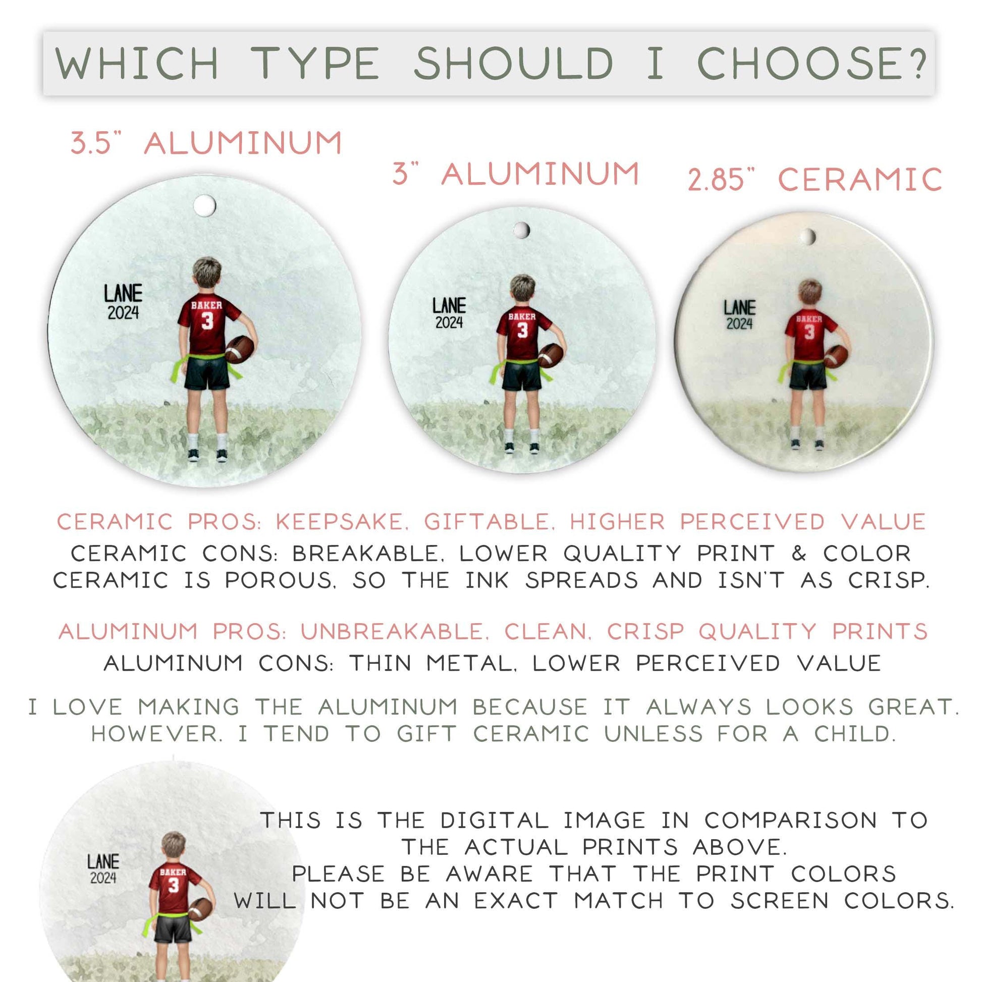 three different types of ornaments, each with a different material and quality. The first ornament is made of 3" aluminum, the second is made of 2.85" ceramic, and the third is made of 3" aluminum. The text provides information about the pros and cons of each material, as well as the preferences of the person who chose them. The image is a digital comparison to the actual printed images, and it emphasizes the importance of the actual colors when choosing a print for a specific pur