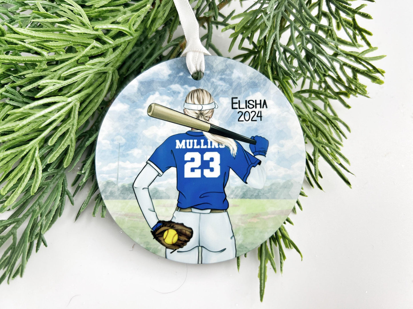 Custom Teen Girl Softball Ornament - High School Varsity Team Colors, Left/Right Handed Options