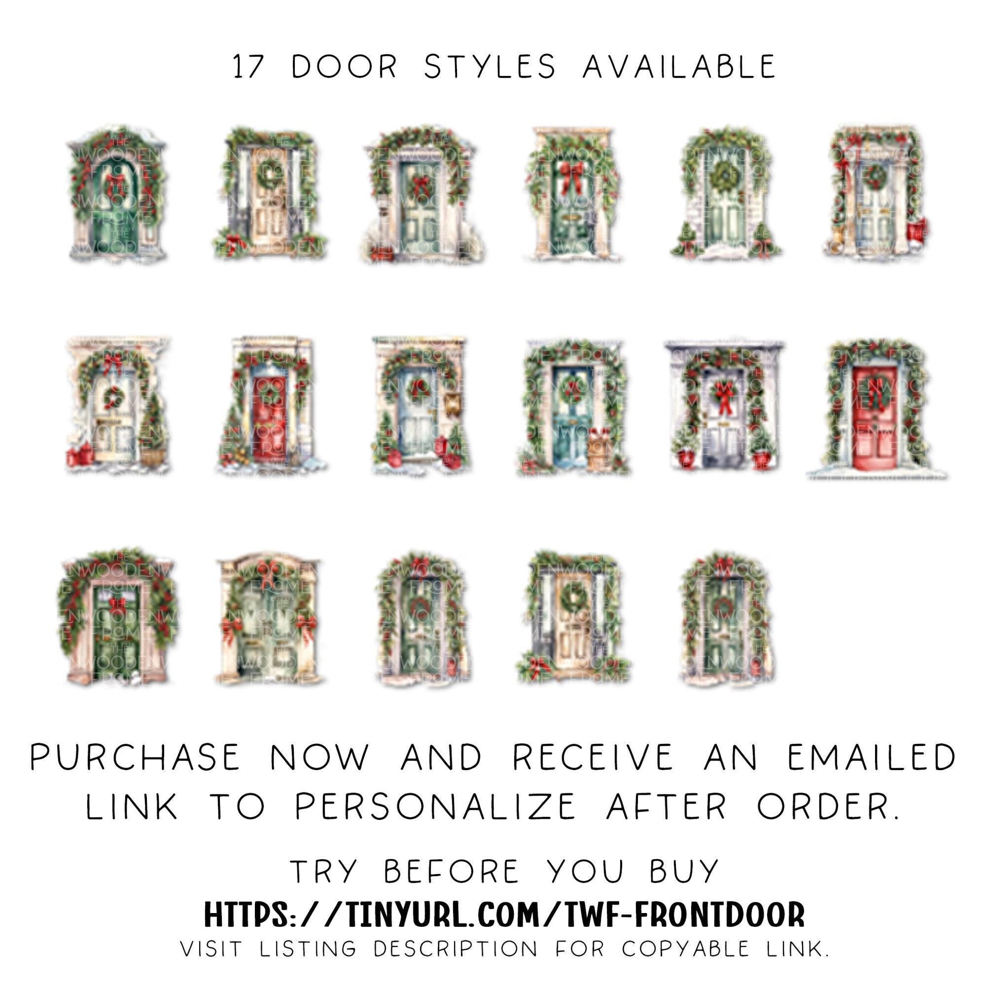 a collection of 17 different door styles, each with unique decorations such as wreaths and garlands, arranged in a grid format.
