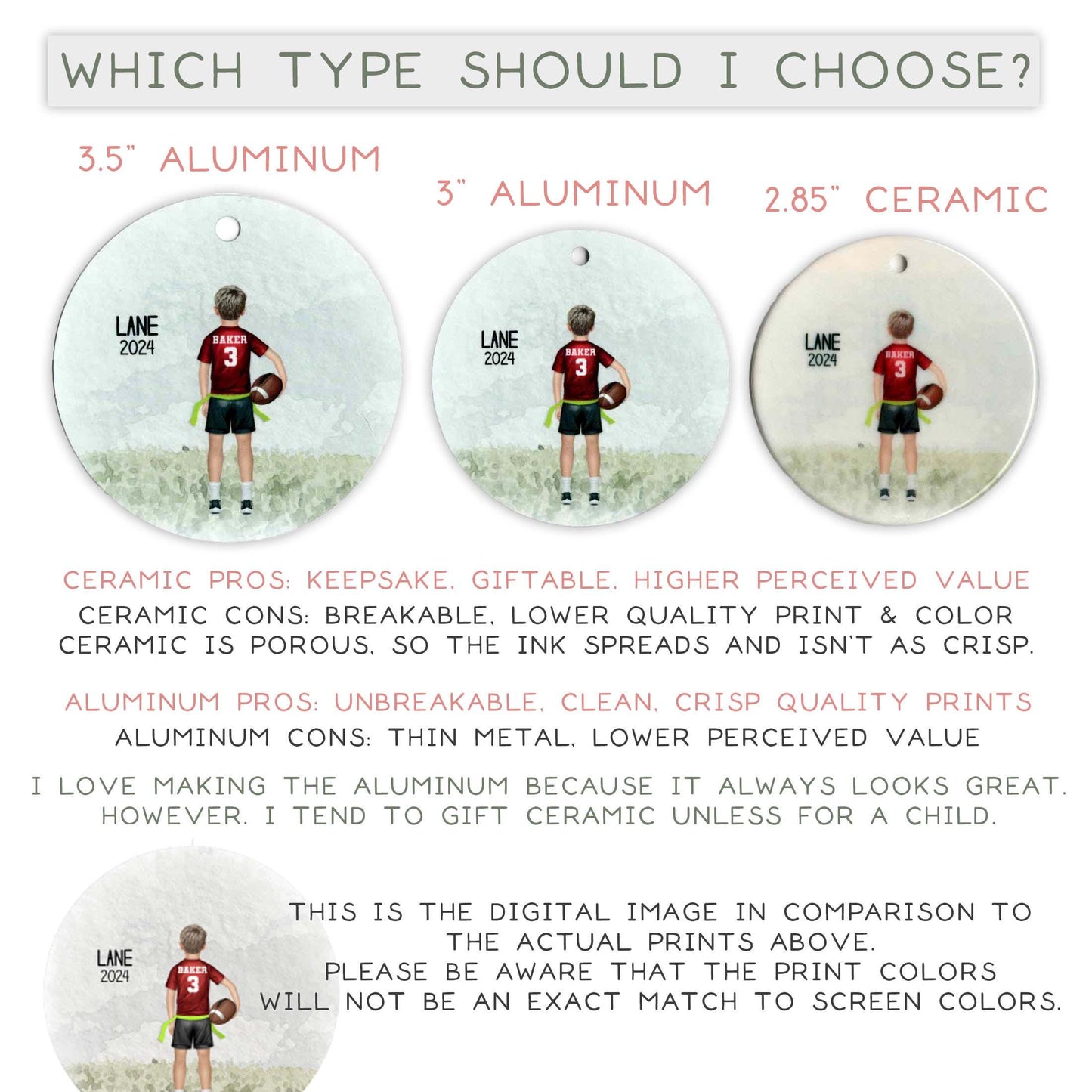 three different types of ornaments, each with a different material and quality. The first ornament is made of 3" aluminum, the second is made of 2.85" ceramic, and the third is made of 3" aluminum. The text provides information about the pros and cons of each material, as well as the preferences of the person who chose them. The image is a digital comparison to the actual printed images, and it does not provide specific details about the actual colors of the prints.