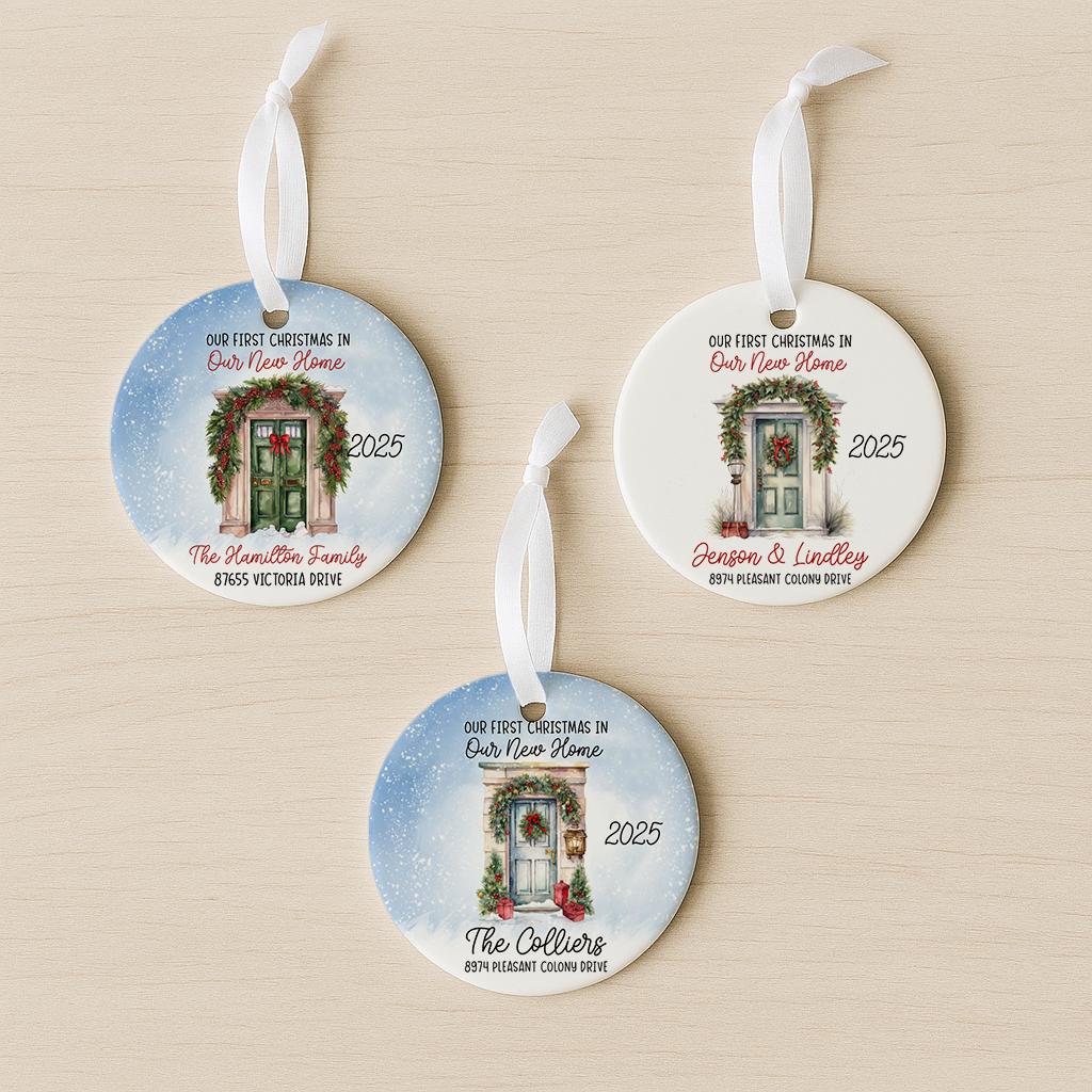 three circular ornaments hanging on a string, each with a unique design and text. The ornaments are placed on a wooden surface.