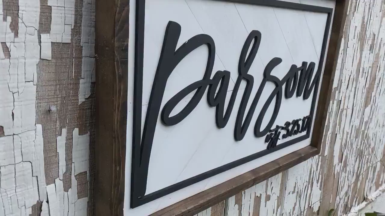Last Name Sign, Custom Wooden Name Sign, Shiplap Sign, 3D Laser Cut Sign, Framed Family Sign Established Date, Modern Farmhouse Herringbone