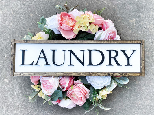 Laundry Sign, Rustic Farmhouse Decor, 3D Raised Laser Letter, Simple Lettered Word Sign, Wash Dry Fold, Framed Wood Sign