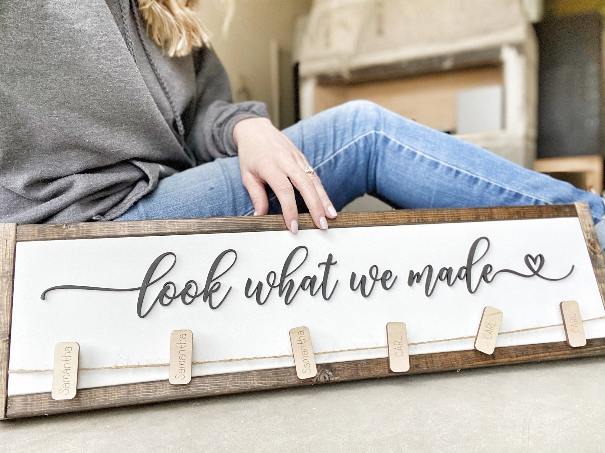 Look What We Made Sign with Personalized Clips for Children's Artwork, 3D Laser Cut Design