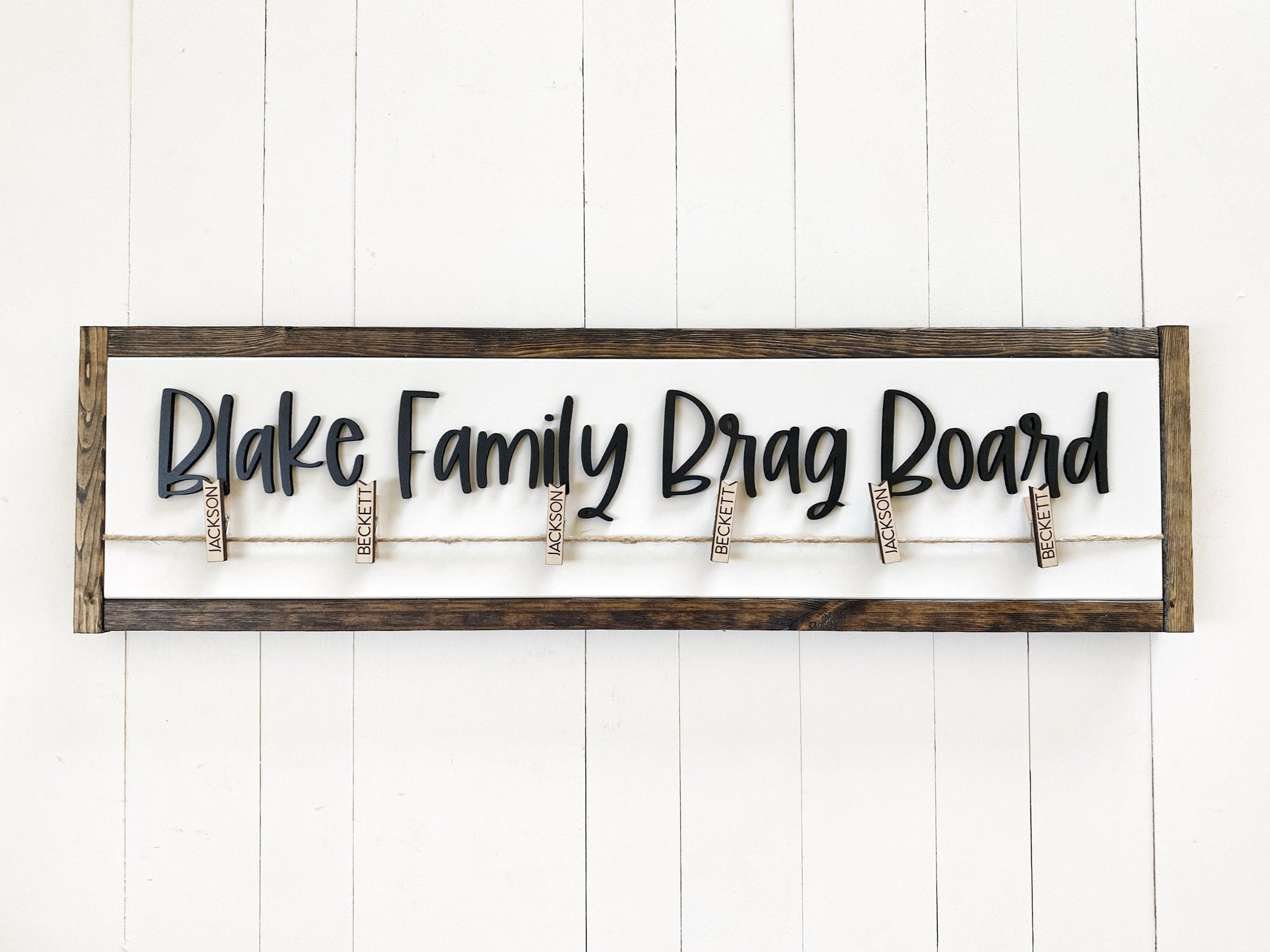 Family Brag Board, Personalized Art or Photo Display for Families, Clips with Names, Playroom Decor, Entryway Sign,
