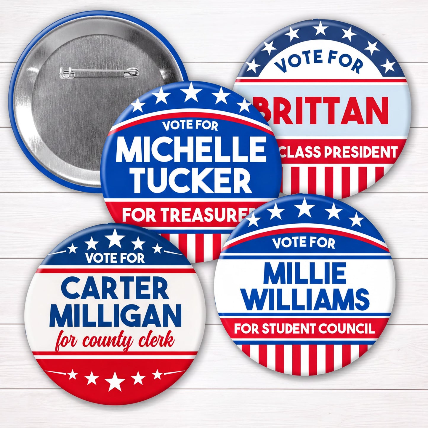 five political buttons with the text "Vote for" and the names of the candidates, "Michele Tucker" and "Milly Williams", along with the text "for Treasures" and "for Student Council".