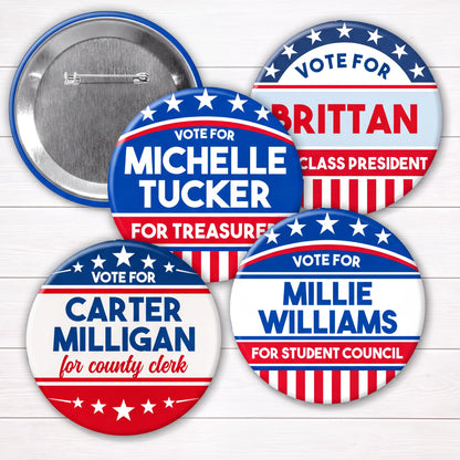 five political buttons with the text "Vote for" and the names of the candidates, "Michele Tucker" and "Milly Williams", along with the text "for Treasures" and "for Student Council".