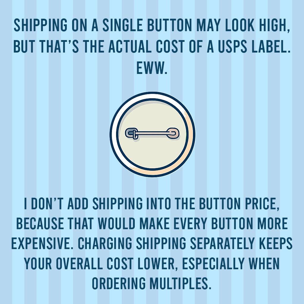The image is a humorous commentary on the actual cost of shipping on a single button, as opposed to the cost of a USPS label. It suggests that adding shipping to the button price would make every button more expensive, while charging shipping separately keeps the overall cost lower, especially when ordering multiple buttons.