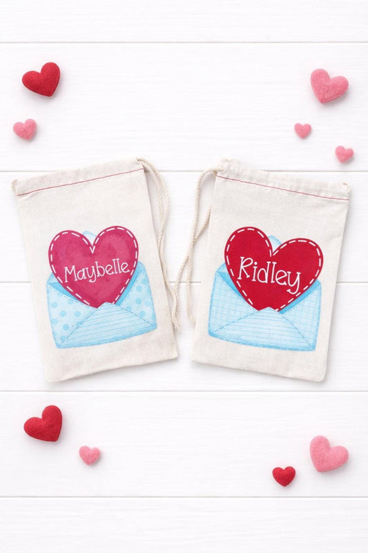 Personalized Valentine Treat Bag – Custom Canvas Drawstring Pouch with Heart Envelope Design