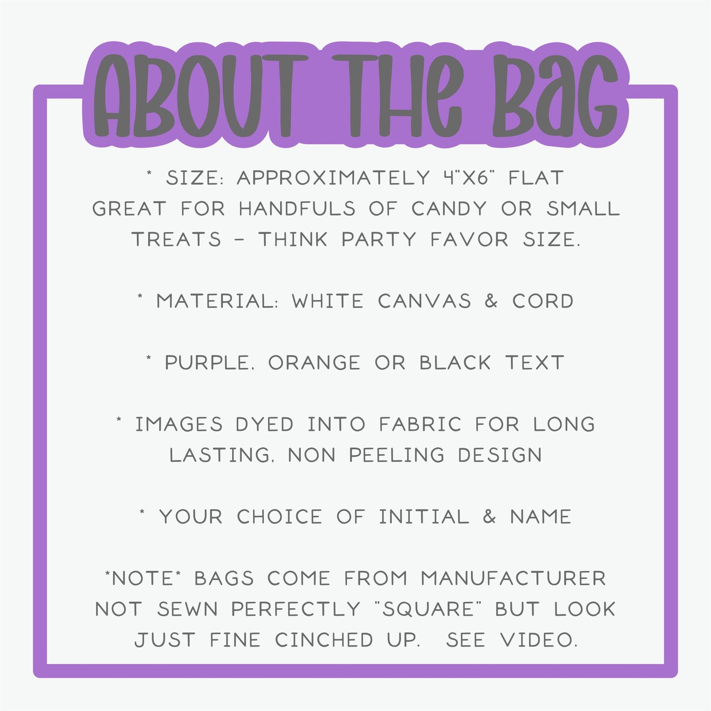 text and bullet points providing information about a bag, including its size, material, and design. The text is written in a purple and white color scheme, and the bullet points describe the bag's features, such as its flat surface, white canvas, cord, and the option to dye images into fabric for a long lasting design.