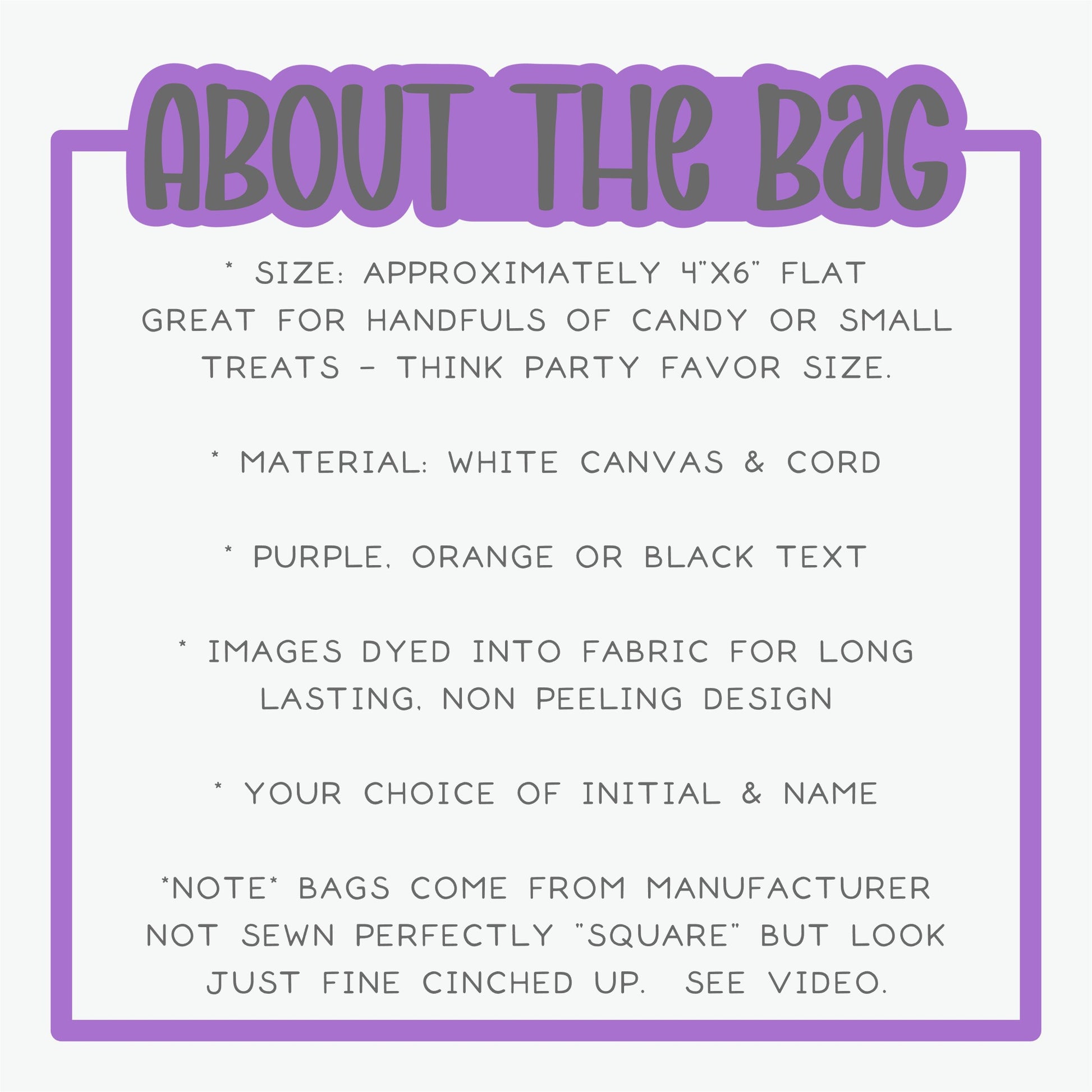 text and bullet points providing information about a bag, including its size, material, and design. The text is written in a purple and white color scheme, and the bullet points describe the bag's features, such as its flat surface, white canvas, cord, and the option to dye images into fabric for a long lasting design.