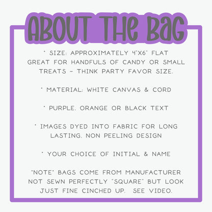 text and bullet points providing information about a bag, including its size, material, and design. The text is written in a purple and white color scheme, and the bullet points describe the bag's features, such as its flat surface, white canvas, cord, and the option to dye images into fabric for a long lasting design.