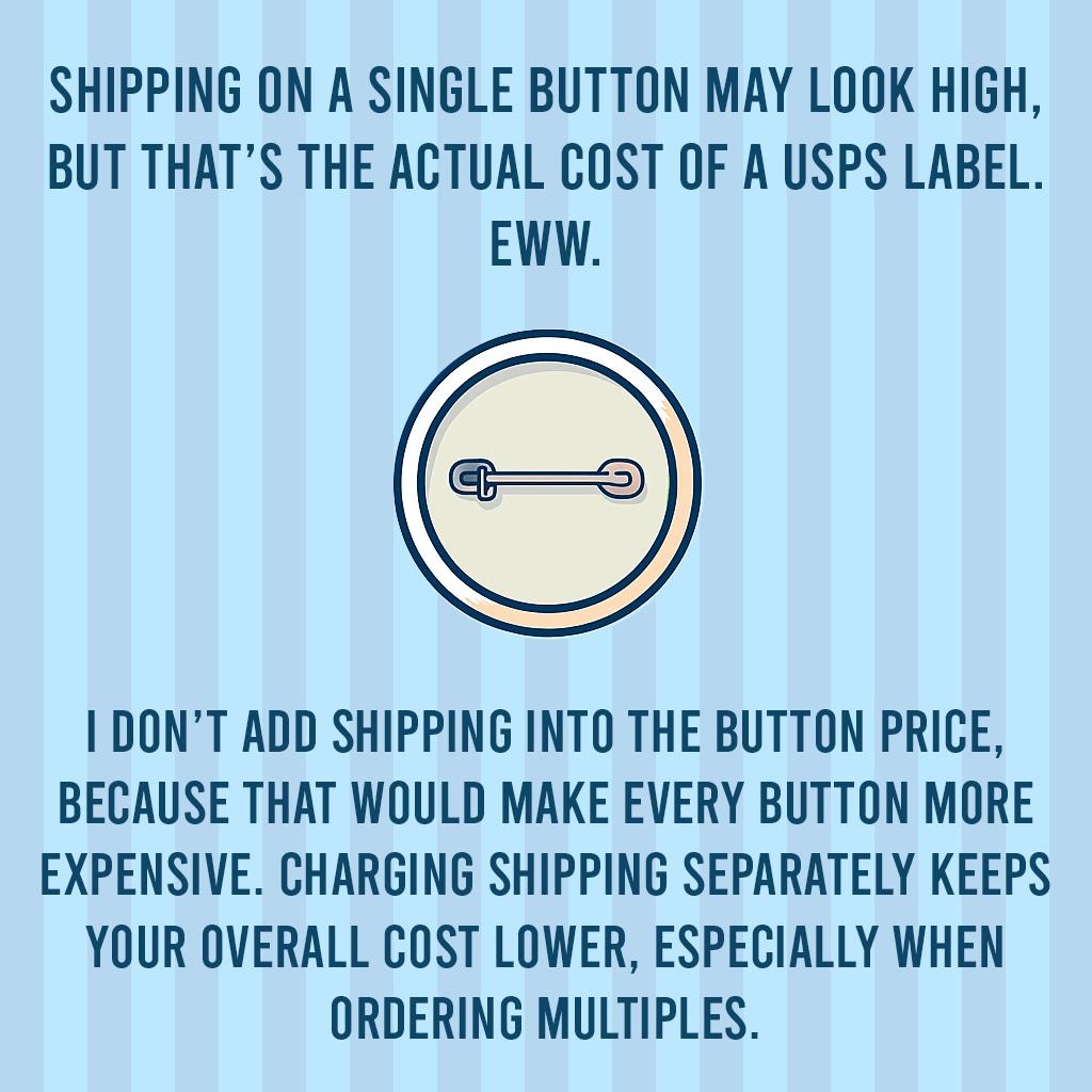 The image is a humorous commentary on the actual cost of shipping on a single button, as opposed to the cost of a USPS label. It suggests that adding shipping to the button price would make every button more expensive, while charging shipping separately keeps the overall cost lower, especially when ordering multiple buttons.