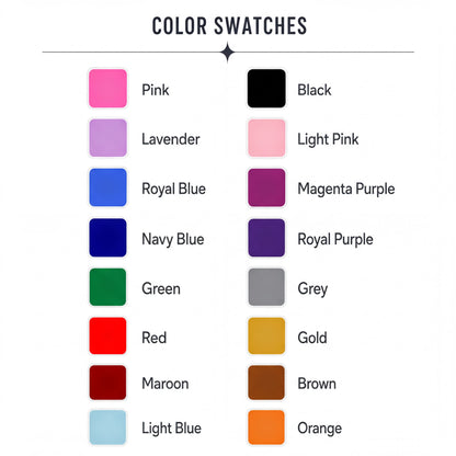 a color swatch with various color combinations, including pink, black, lavender, light pink, royal blue, magenta purple, navy blue, royal purple, green, grey, red, gold, maroon, and brown.