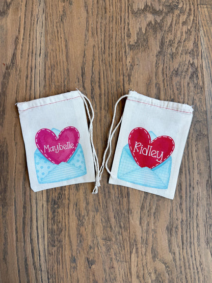 Personalized Valentine Treat Bag – Custom Canvas Drawstring Pouch with Heart Envelope Design