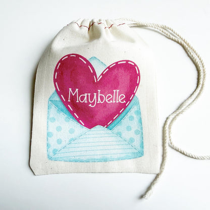 Personalized Valentine Treat Bag – Custom Canvas Drawstring Pouch with Heart Envelope Design