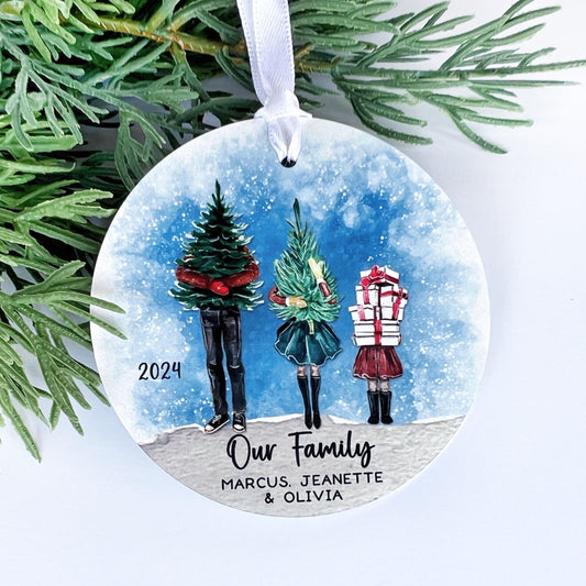 Family of 3 Personalized Christmas Ornament – Custom Holiday Keepsake with Winter Outfit