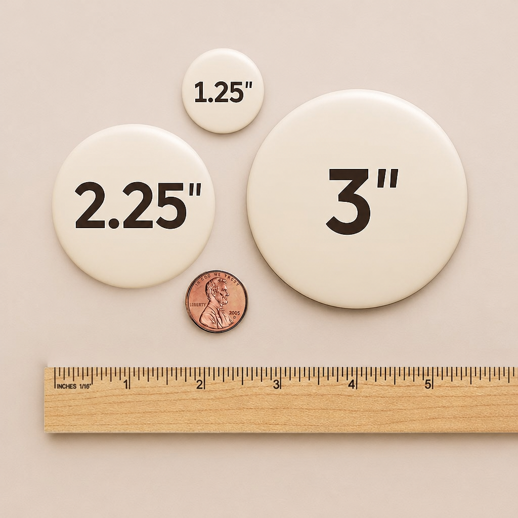 a collection of three circular objects, each with a different size indicated by the text "2.25", "3", and "1.25" printed on them. A ruler is placed next to the objects, and a penny is also visible in the image.