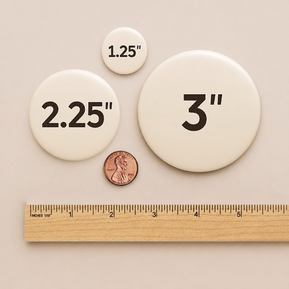 a collection of three circular objects, each with a different size indicated by the text "2.25", "3", and "1.25" printed on them. A ruler is placed next to the objects, and a penny is also visible in the image.