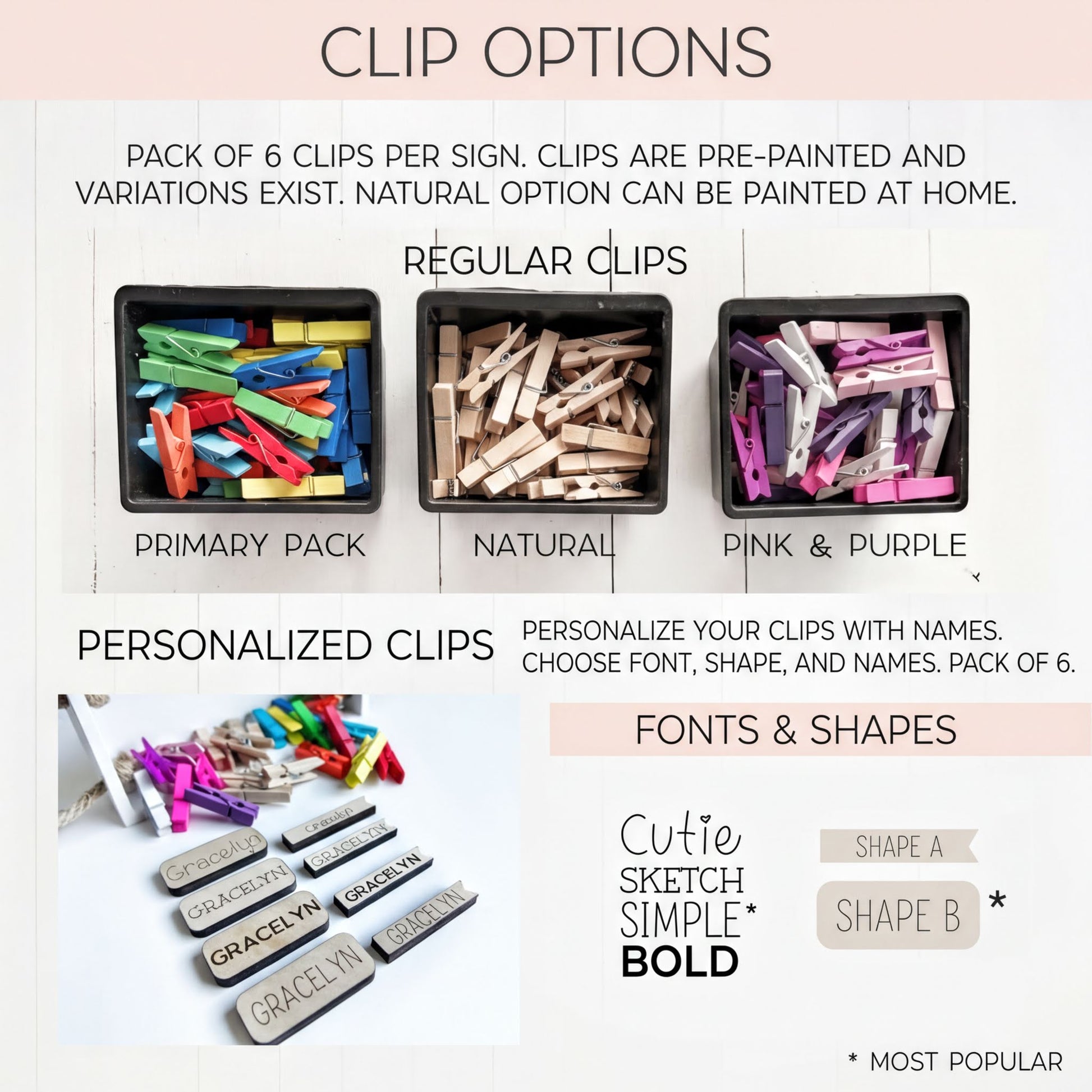 The image is a collection of three different types of clip options, including a pack of 6 pre-painted regular clips, a pack of 6 personalized clips with names, and a pack of 6 fonts and shapes.