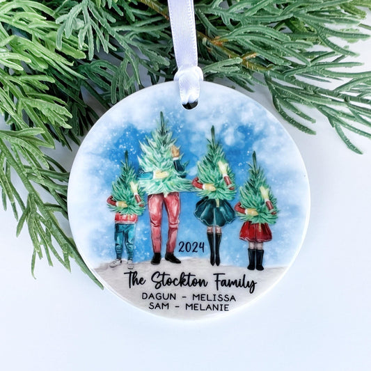 Custom Family of 4 Ornament – Holiday Keepsake with Matching Outfits & Year