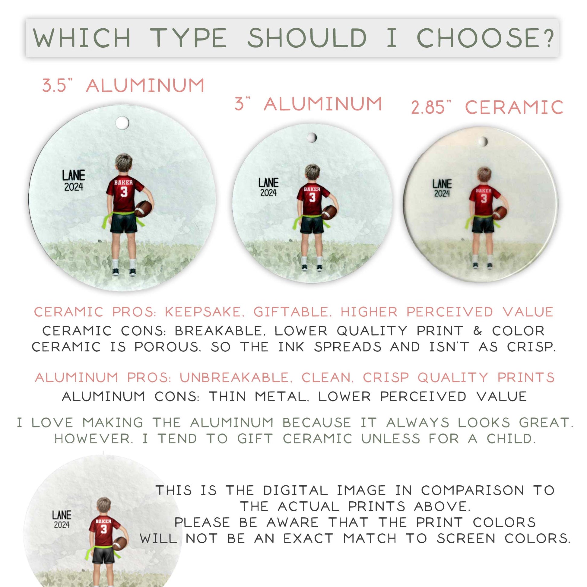 three different types of ornaments, each with a different material and quality. The first ornament is made of 3" aluminum, the second is made of 2.85" ceramic, and the third is made of 3" aluminum. The text provides information about the pros and cons of each material, as well as the preferences of the person who chose them. The image is a digital comparison to the actual printed images, and it emphasizes the importance of the actual colors when choosing a print for a specific purpose.