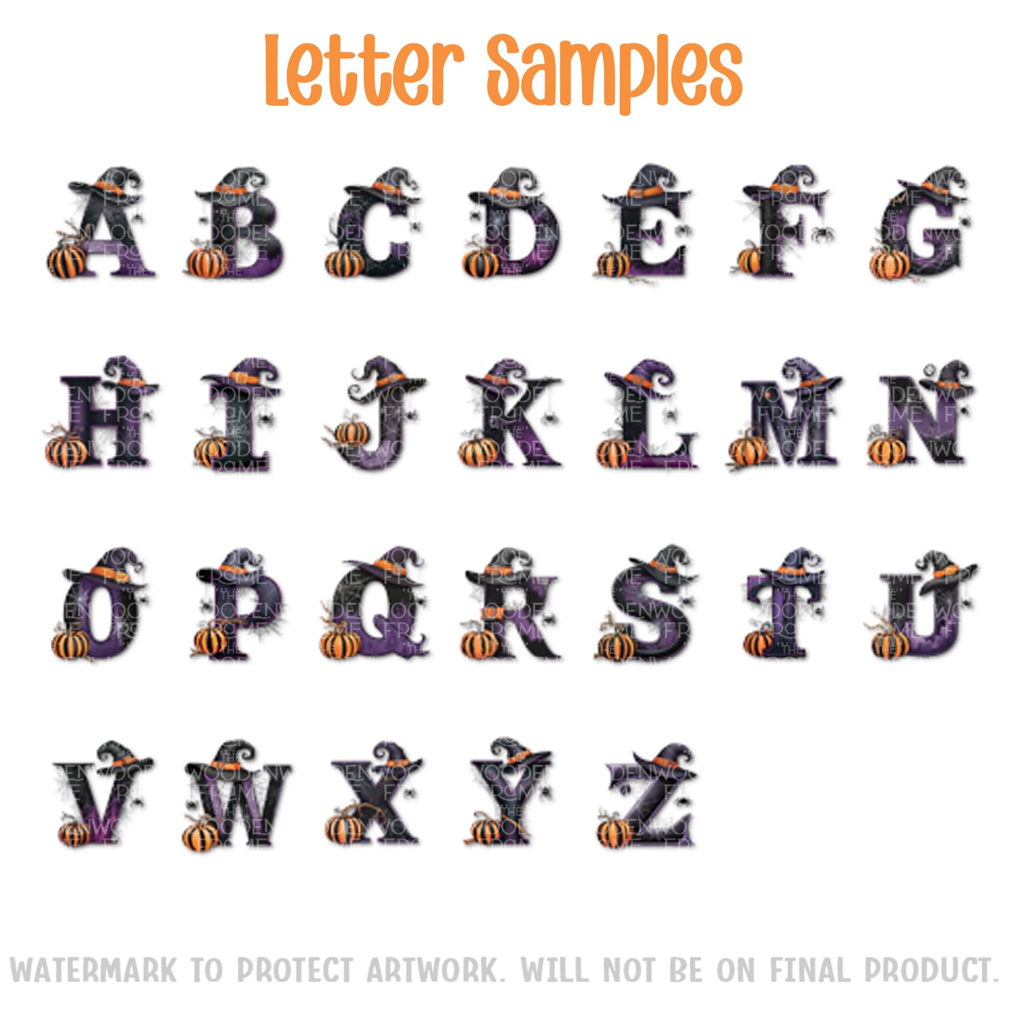 a collection of Halloween-themed letter samples, including various letters of the alphabet decorated with pumpkins, bats, and other spooky elements.