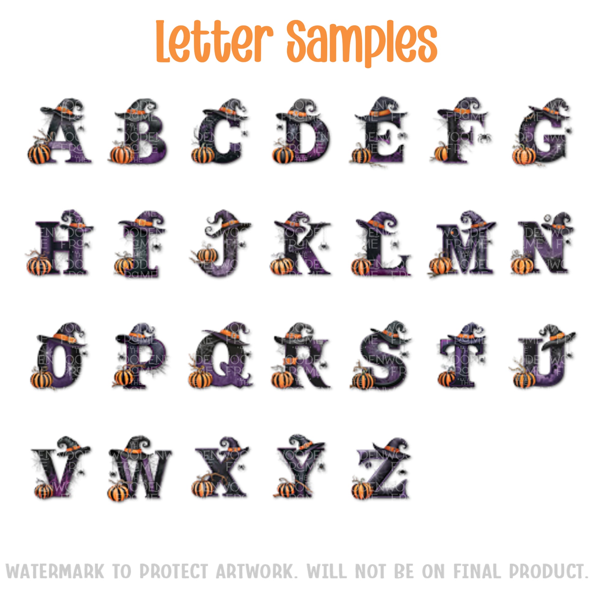a collection of Halloween-themed letter samples, including various letters of the alphabet decorated with pumpkins, bats, and other spooky elements.