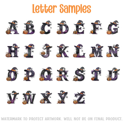 a collection of Halloween-themed letter samples, including various letters of the alphabet decorated with pumpkins, bats, and other spooky elements.