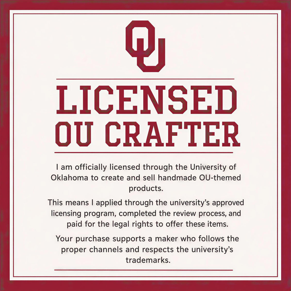 The image is a message from the University of Oklahoma, stating that the creator of the OU-themed products is officially licensed through the university.
