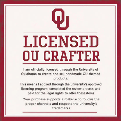 The image is a message from the University of Oklahoma, stating that the creator of the OU-themed products is officially licensed through the university.