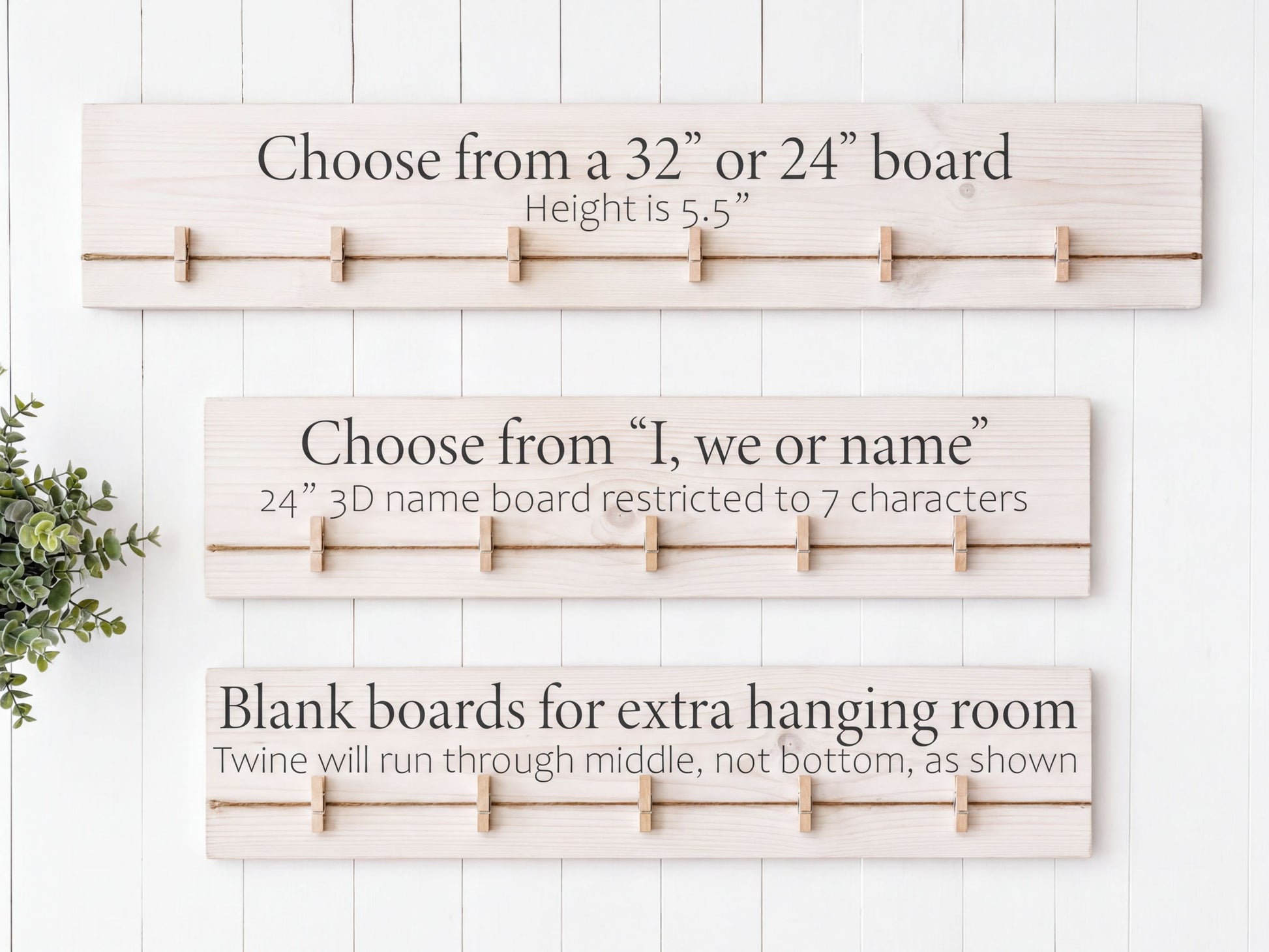 three different types of wooden name boards, each with a unique design and size, and they are mounted on a white wall.