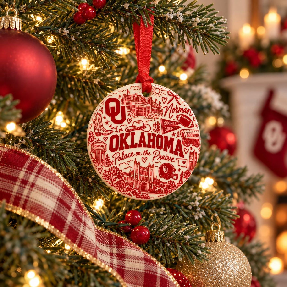 Oklahoma Sooners crimson and cream ceramic Christmas ornament hanging on a decorated tree with red ornaments, holiday lights, and festive greenery.