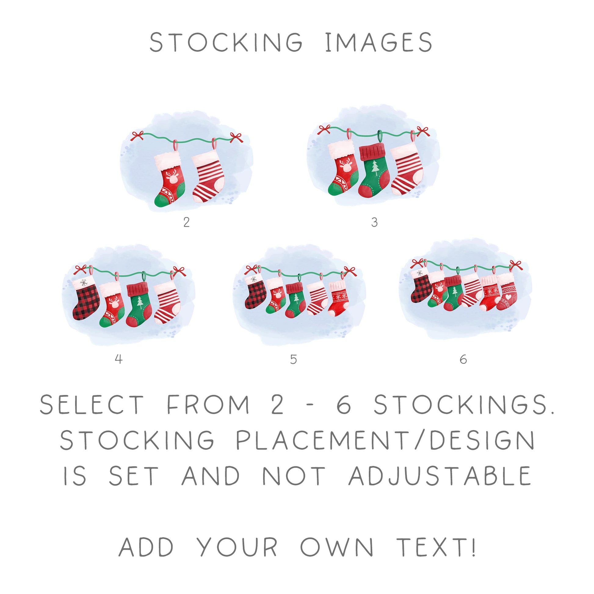 a set of six stockings with different designs hanging from a string. The text provides instructions for selecting from two to six stockings and designing a stocking placement/design set, with the option to add one's own text.