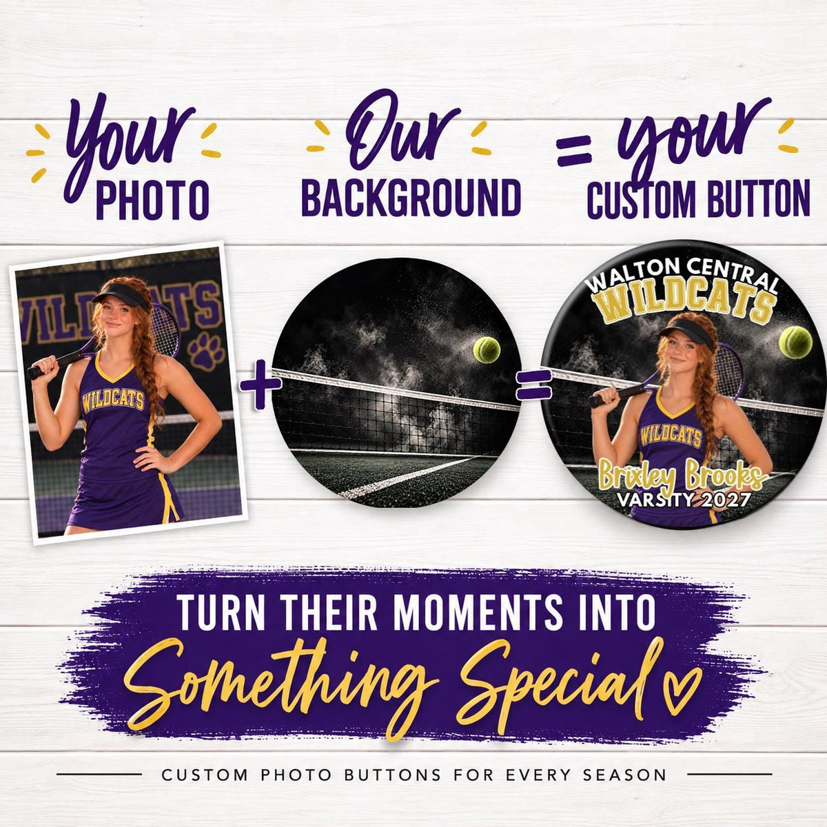 Tennis Photo Button - Senior Night Game Day Pin - Personalized Proud Mom Accessory