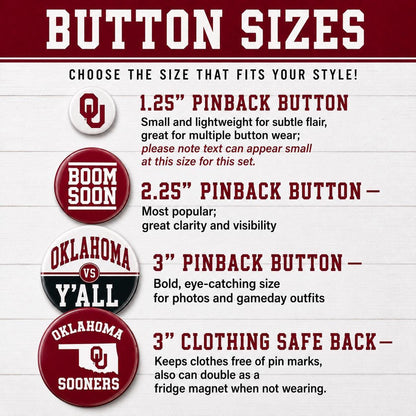 OU Sooners Pinback Buttons | Officially Licensed University of Oklahoma Gameday Buttons | Boomer Sooner, Norman & Graduation Gifts