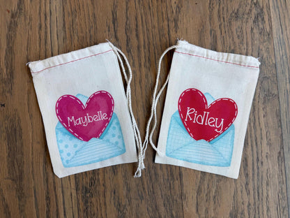 Personalized Valentine Treat Bag – Custom Canvas Drawstring Pouch with Heart Envelope Design