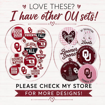 The image is an advertisement for a store that sells various OU ( Oklahoma University) themed merchandise, including buttons, stickers, and other items.