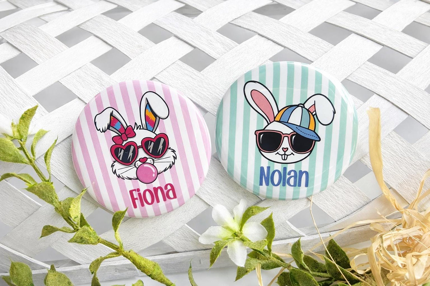 Personalized Easter Bunny Buttons for Kids – Bubblegum Bow or Cool Cap Designs