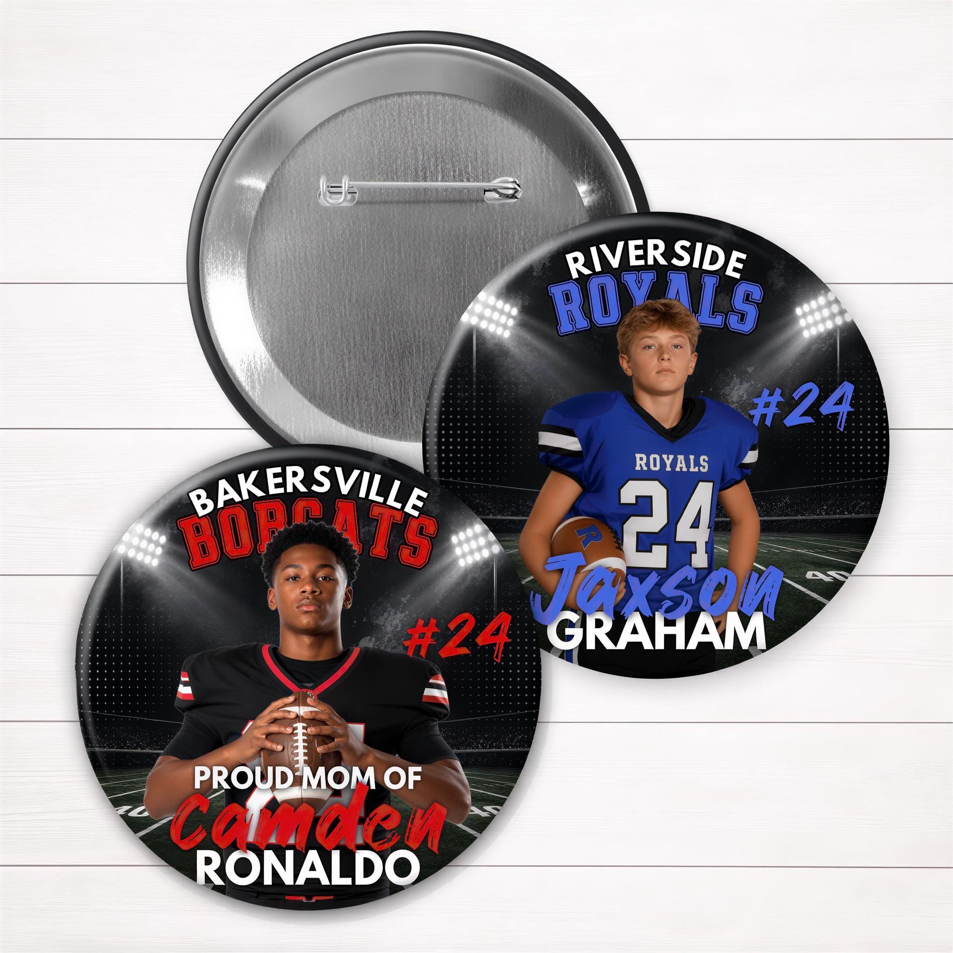 Custom photo pinback button for football players featuring team name, jersey number, and player name design — shown with two examples, an African American player in a black Bakersville Bobcats jersey and a white player in a blue Riverside Royals jersey, plus a blank silver metal button back showing the pin closure