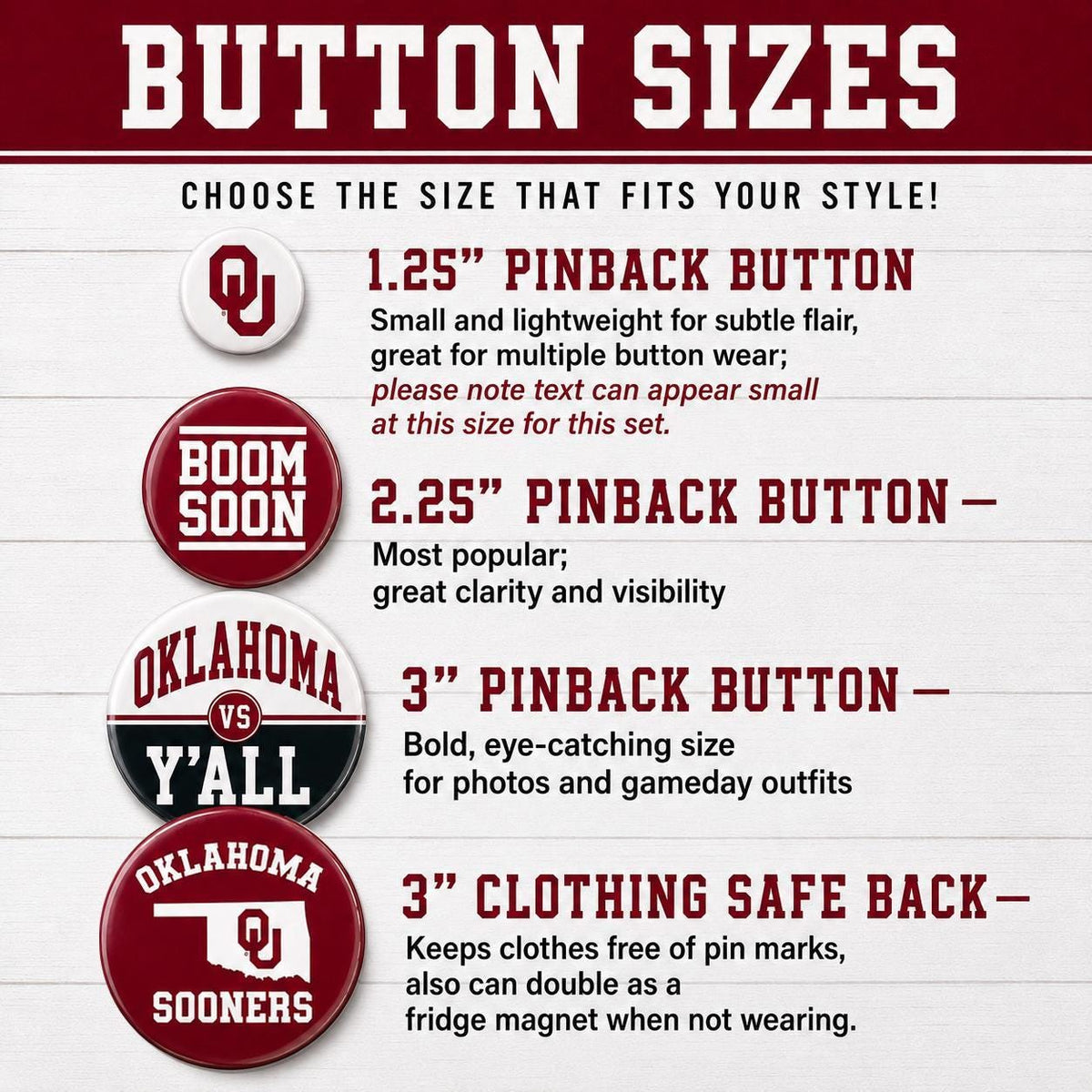 OU Sooners Gameday Buttons | Officially Licensed University of Oklahoma Pins | OU Mom Dad Mimi Parent & Graduation Gifts