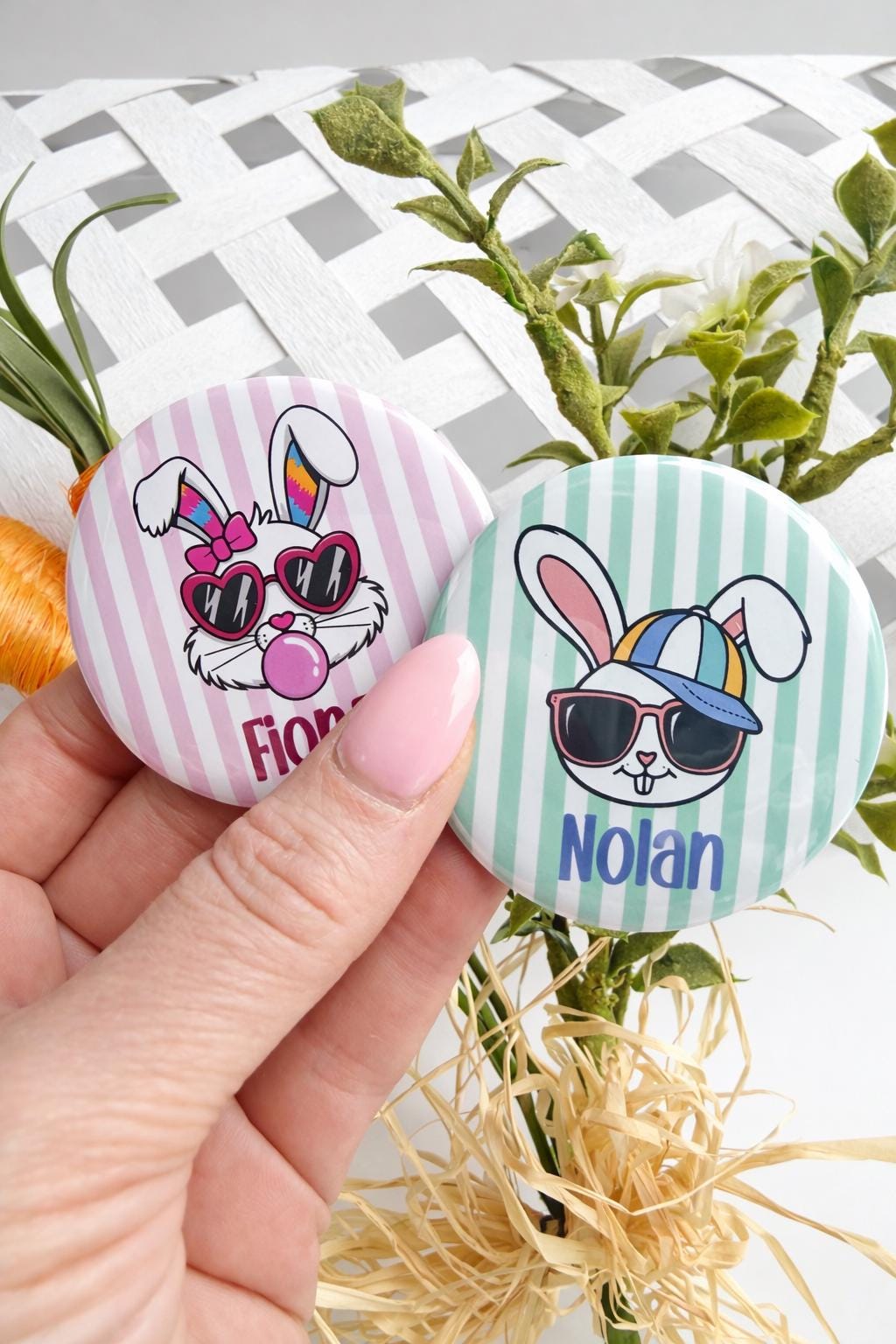 Personalized Easter Bunny Buttons for Kids – Bubblegum Bow or Cool Cap Designs