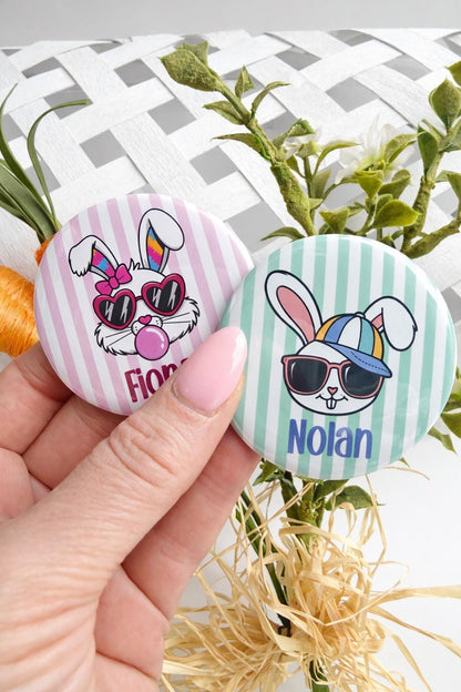 Personalized Easter Bunny Buttons for Kids – Bubblegum Bow or Cool Cap Designs