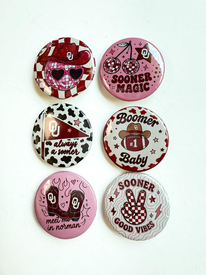OU Sooners Pinback Buttons | University of Oklahoma Game Day Buttons & Gifts | Officially Licensed