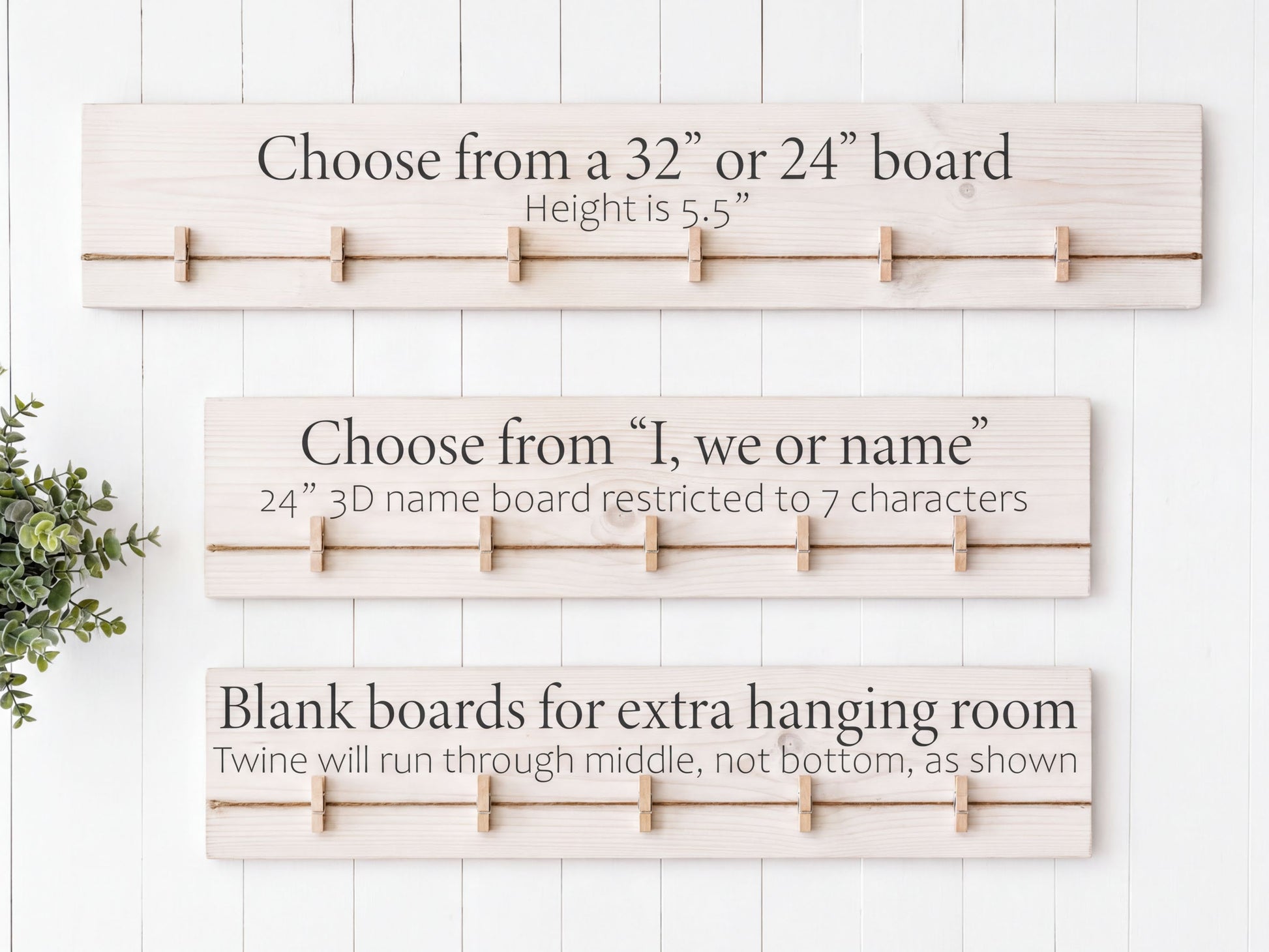 three different types of wooden name boards, each with a unique design and size, and they are mounted on a white wall.