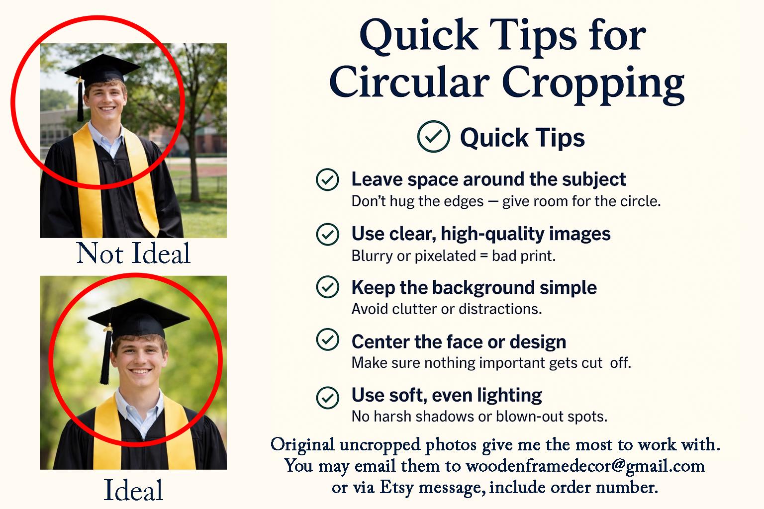 The image is a collage of two photos featuring a young man in a graduation cap and gown. The collage includes a "Not Ideal" photo and an "Ideal" photo, both with red circles highlighting the differences between the two images.